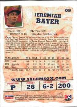 2012 Choice Salem Red Sox #09 Jeremiah Bayer Back