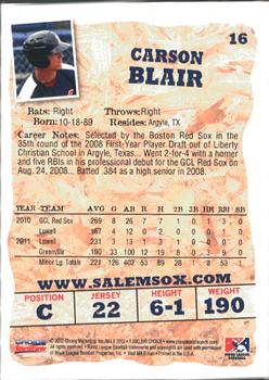 2012 Choice Salem Red Sox #16 Carson Blair Back