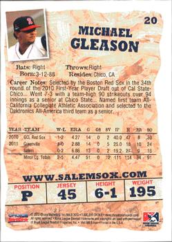 2012 Choice Salem Red Sox #20 Michael Gleason Back