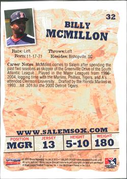 2012 Choice Salem Red Sox #32 Billy McMillon Back