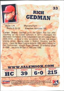 2012 Choice Salem Red Sox #33 Rich Gedman Back