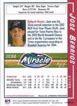 2014 Grandstand Fort Myers Miracle #NNO Jose Berrios Back