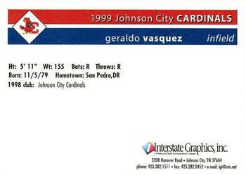 1999 Johnson City Cardinals #NNO Geraldo Vasquez Back