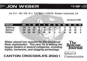 2001 Grandstand Canton Crocodiles #NNO Jon Weber Back
