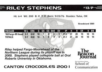2001 Grandstand Canton Crocodiles #NNO Riley Stephens Back