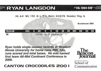 2001 Grandstand Canton Crocodiles #NNO Ryan Langdon Back