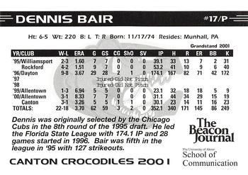 2001 Grandstand Canton Crocodiles #NNO Dennis Bair Back