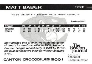 2001 Grandstand Canton Crocodiles #NNO Matt Baber Back