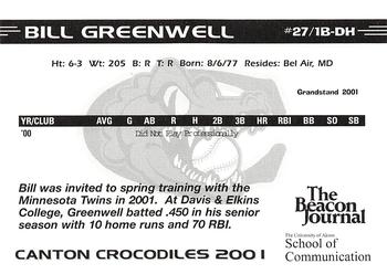 2001 Grandstand Canton Crocodiles #NNO Bill Greenwell Back