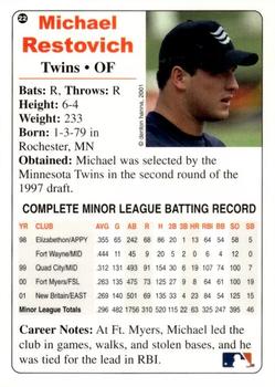 2001 Arizona Fall League Prospects #22 Michael Restovich Back