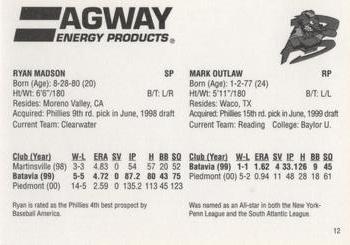 2001 Agway Batavia Muckdogs 1990s Stars #12 Ryan Madson / Mark Outlaw Back