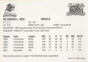 2001 Batavia Muckdogs #06 Wes Carroll Back