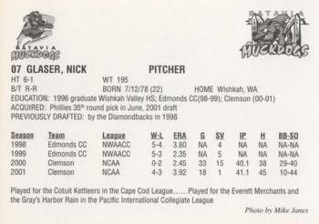 2001 Batavia Muckdogs #07 Nick Glaser Back