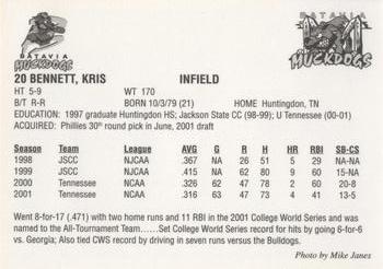 2001 Batavia Muckdogs #20 Kris Bennett Back