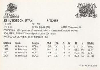 2001 Batavia Muckdogs #25 Ryan Hutchison Back