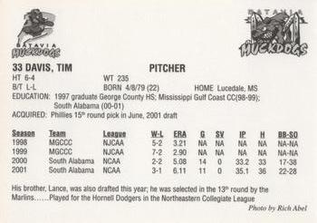 2001 Batavia Muckdogs #33 Tim Davis Back