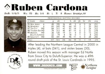 2001 Warning Track Duluth-Superior Dukes #9 Ruben Cardona Back
