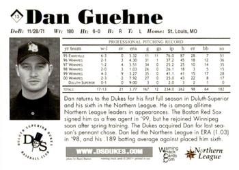 2001 Warning Track Duluth-Superior Dukes #13 Dan Guehne Back