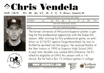 2001 Warning Track Duluth-Superior Dukes #15 Chris Vendela Back