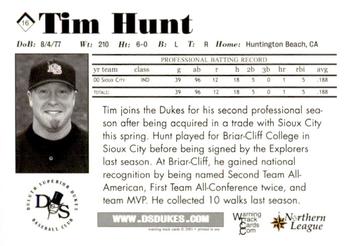 2001 Warning Track Duluth-Superior Dukes #16 Tim Hunt Back