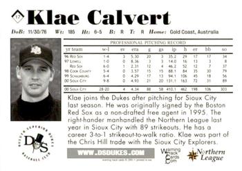 2001 Warning Track Duluth-Superior Dukes #17 Klae Calvert Back