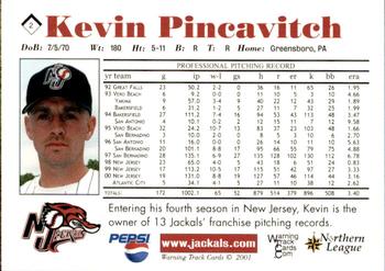 2001 Warning Track New Jersey Jackals #2 Kevin Pincavitch Back