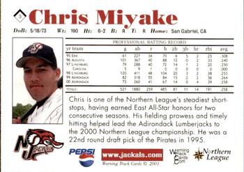 2001 Warning Track New Jersey Jackals #3 Chris Miyake Back