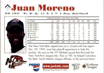 2001 Warning Track New Jersey Jackals #17 Juan Moreno Back