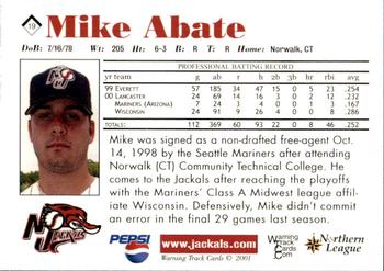 2001 Warning Track New Jersey Jackals #19 Mike Abate Back