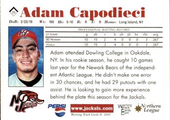 2001 Warning Track New Jersey Jackals #20 Adam Capodieci Back