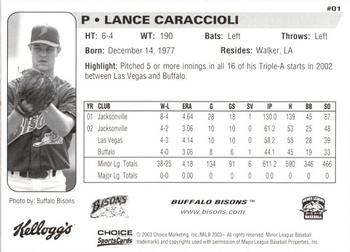 2003 Choice Buffalo Bisons #01 Lance Caraccioli Back