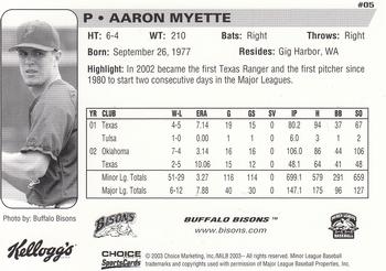 2003 Choice Buffalo Bisons #05 Aaron Myette Back