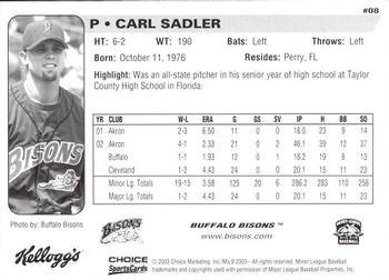 2003 Choice Buffalo Bisons #08 Carl Sadler Back