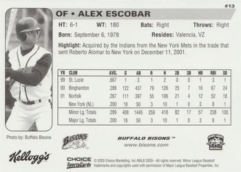 2003 Choice Buffalo Bisons #13 Alex Escobar Back