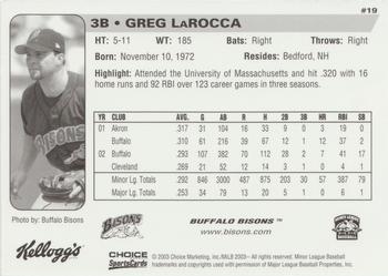 2003 Choice Buffalo Bisons #19 Greg LaRocca Back