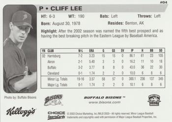 2003 Choice Buffalo Bisons #04 Cliff Lee Back