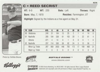 2003 Choice Buffalo Bisons #24 Reed Secrist Back