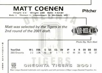 2001 Grandstand Oneonta Tigers #NNO Matt Coenen Back