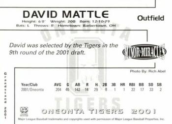 2001 Grandstand Oneonta Tigers #NNO David Mattle Back