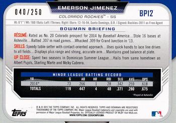 2015 Bowman - Chrome Prospects Purple Refractors #BCP12 Emerson Jimenez Back