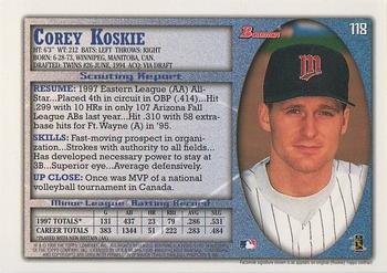 1998 Bowman #118 Corey Koskie Back