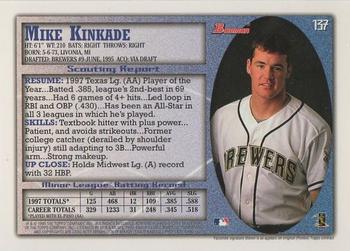 1998 Bowman #137 Mike Kinkade Back