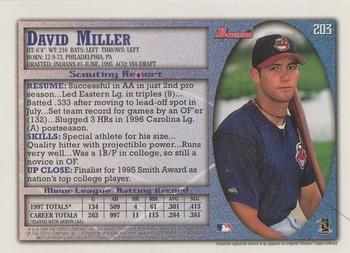 1998 Bowman #203 David Miller Back