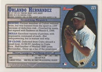 1998 Bowman #221 Orlando Hernandez Back