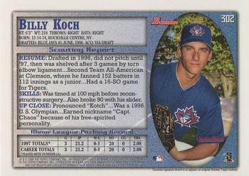 1998 Bowman #302 Billy Koch Back