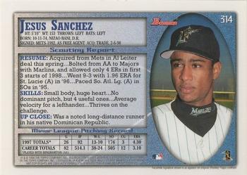 1998 Bowman #314 Jesus Sanchez Back