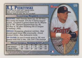 1998 Bowman #319 A.J. Pierzynski Back