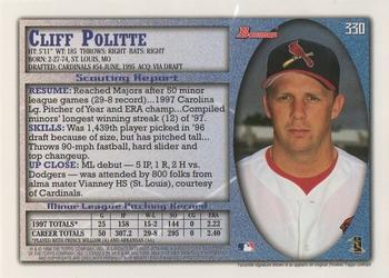 1998 Bowman #330 Cliff Politte Back