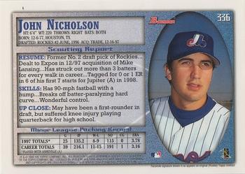 1998 Bowman #336 John Nicholson Back