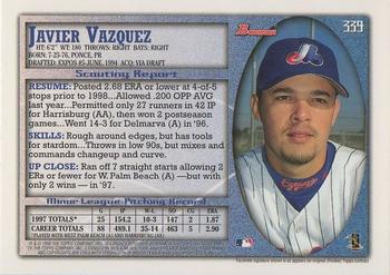 1998 Bowman #339 Javier Vazquez Back